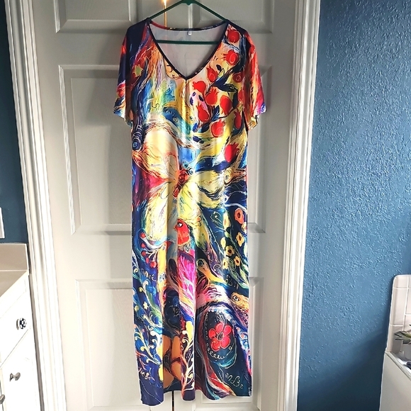 New Vibrant Multicolor Short Sleeve V-Neck Maxi Dress XXL - Picture 1 of 12